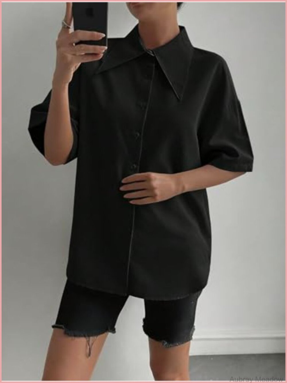 Oversize Collar Button Down Short Sleeve Work Blouse - Picture 3 of 4
